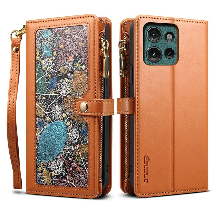 ESEBLE Galaxy Series For Motorola Moto G75 5G Case Leather Zipper Phone Cover RFID Blocking - Brown