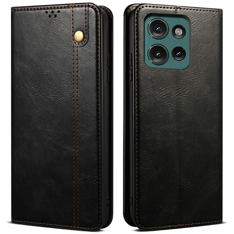 For Motorola Moto G75 5G Case Crazy Horse Texture Waxy Leather Wallet Stand Phone Cover - Black