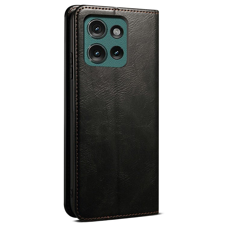 For Motorola Moto G75 5G Case Crazy Horse Texture Waxy Leather Wallet Stand Phone Cover - Black