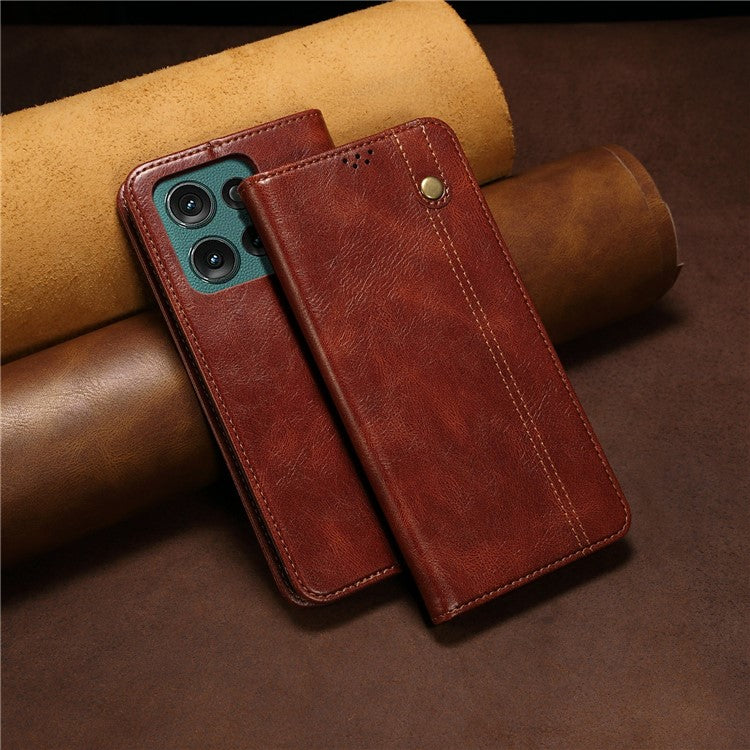 For Motorola Moto G75 5G Case Crazy Horse Texture Waxy Leather Wallet Stand Phone Cover - Brown