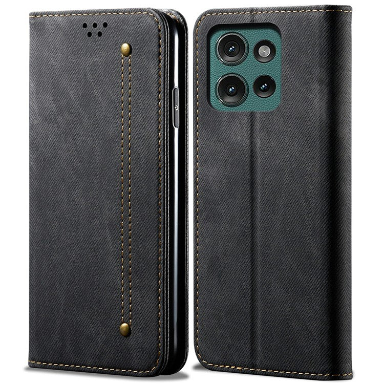 For Motorola Moto G75 5G Case Jeans Cloth Texture Anti-Scratch Leather Stand Phone Cover - Black