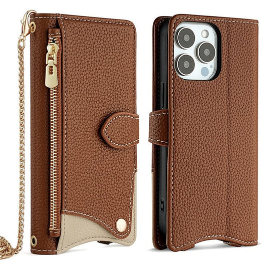 For iPhone 16 Pro Leather Case Wallet Stand Cover Irregular Tail Style with Chain Strap - Brown
