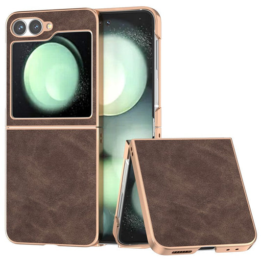 For Samsung Galaxy Z Flip6 5G Case Electroplating PU+PC Shockproof Phone Cover - Coffee