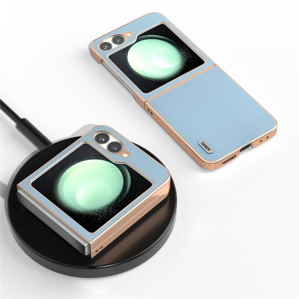 ABEEL For Samsung Galaxy Z Flip7 FE 5G / Z Flip6 5G Case Electroplating Genuine Cow Leather PC Phone Cover - Sky Blue