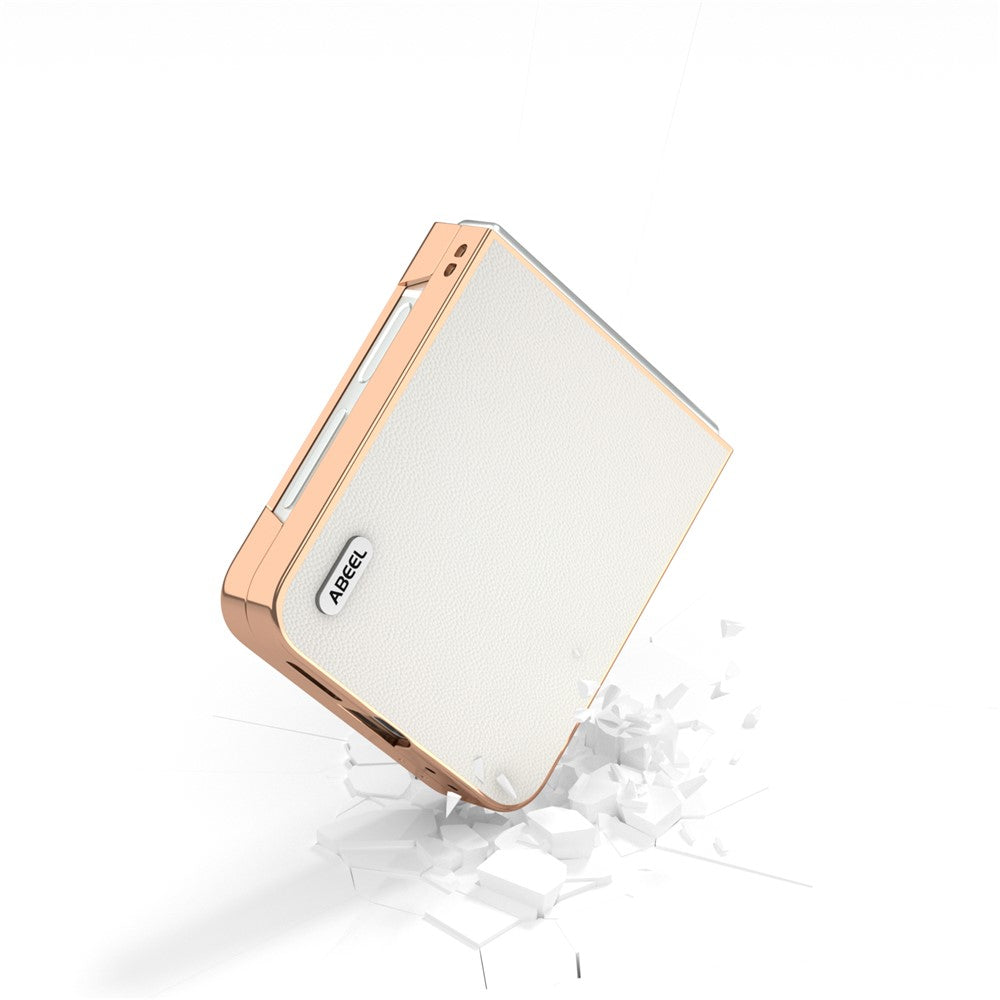 ABEEL For Samsung Galaxy Z Flip7 FE 5G / Z Flip6 5G Case Electroplating Genuine Cow Leather PC Phone Cover - White