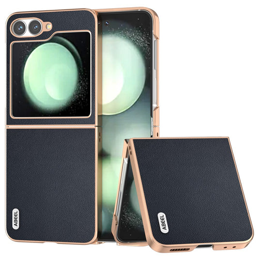 ABEEL For Samsung Galaxy Z Flip7 FE 5G / Z Flip6 5G Case Electroplating Genuine Cow Leather PC Phone Cover - Blue