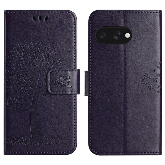 For Google Pixel 9a Case PU Leather Owl Tree Imprinted Wallet Phone Cover - Dark Purple