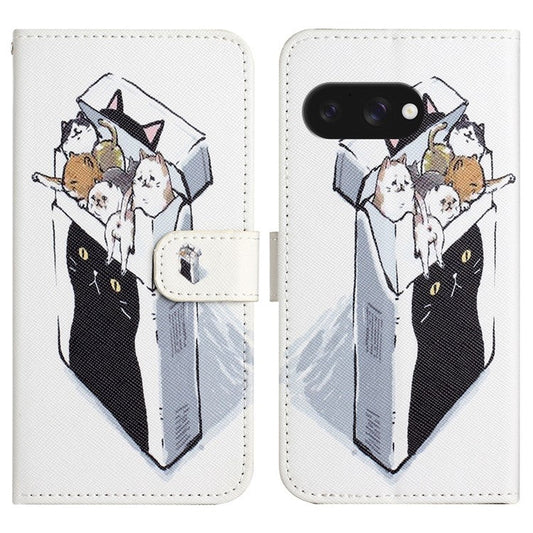 For Google Pixel 9a Case Pattern Print PU Leather Wallet Phone Cover Cross Texture - Cats