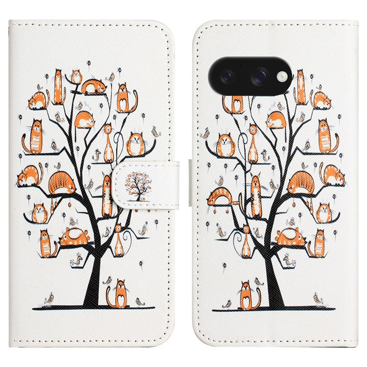 For Google Pixel 9a Case Pattern Print PU Leather Wallet Phone Cover Cross Texture - Cat and Tree