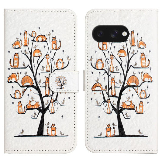 For Google Pixel 9a Case Pattern Print PU Leather Wallet Phone Cover Cross Texture - Cat and Tree