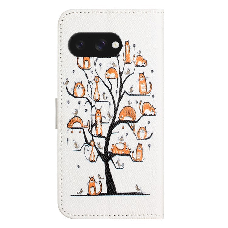 For Google Pixel 9a Case Pattern Print PU Leather Wallet Phone Cover Cross Texture - Cat and Tree