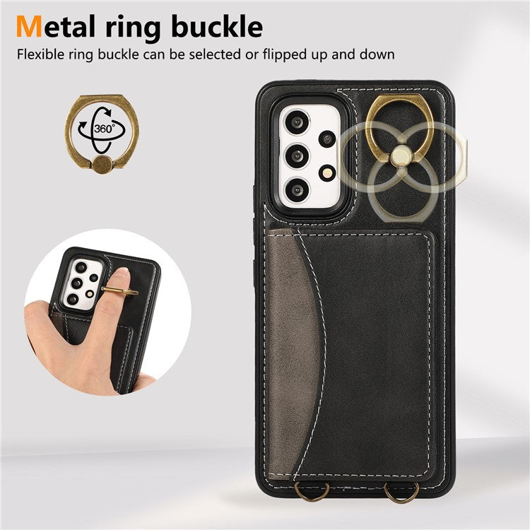 For Samsung Galaxy A53 5G PU Leather Back Case Card Holder Kickstand Phone Cover with Wrist Strap - Black