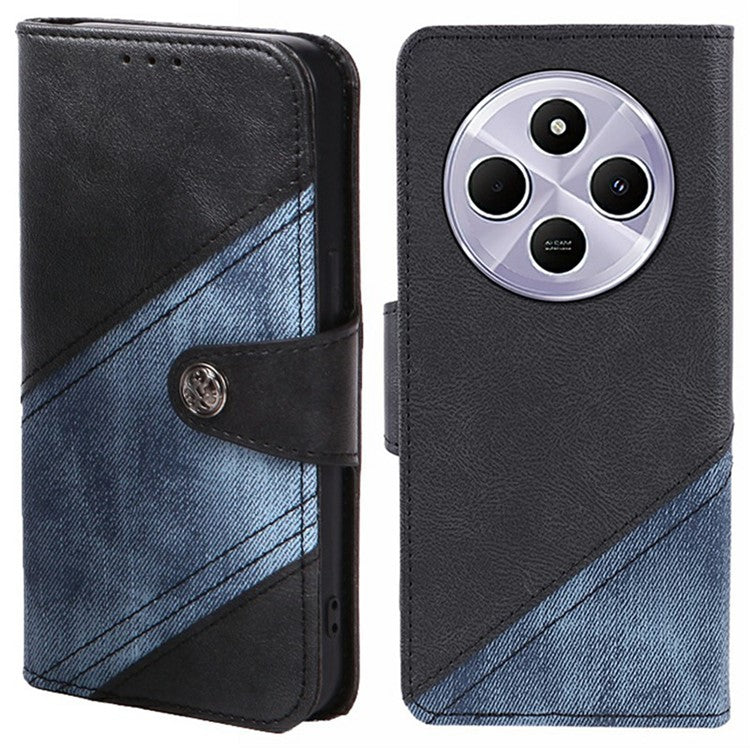 For Xiaomi Poco C75 4G / Redmi 14R 5G / 14C 4G Case Splicing Texture Leather Phone Cover Viewing Stand - Black