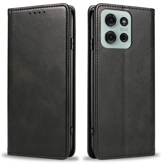 For Motorola Moto G75 5G Case Strong Magnetic PU Leather Phone Cover Calf Texture - Black