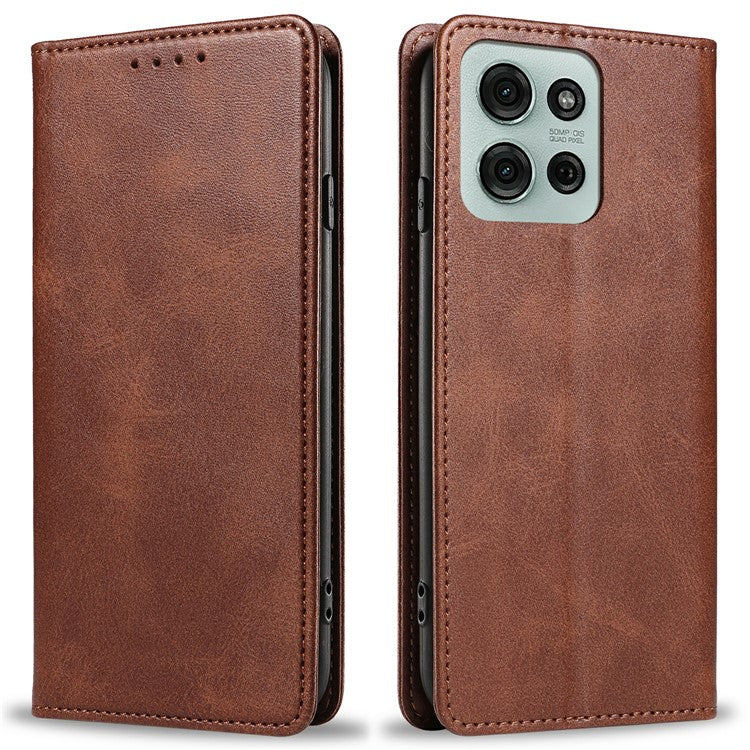 For Motorola Moto G75 5G Case Strong Magnetic PU Leather Phone Cover Calf Texture - Brown