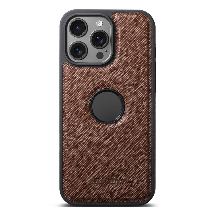 SUTENI M2 For iPhone 16 Pro Magnetic Case Cross Texture Leather Back Cover with Detachable Card Bag - Brown