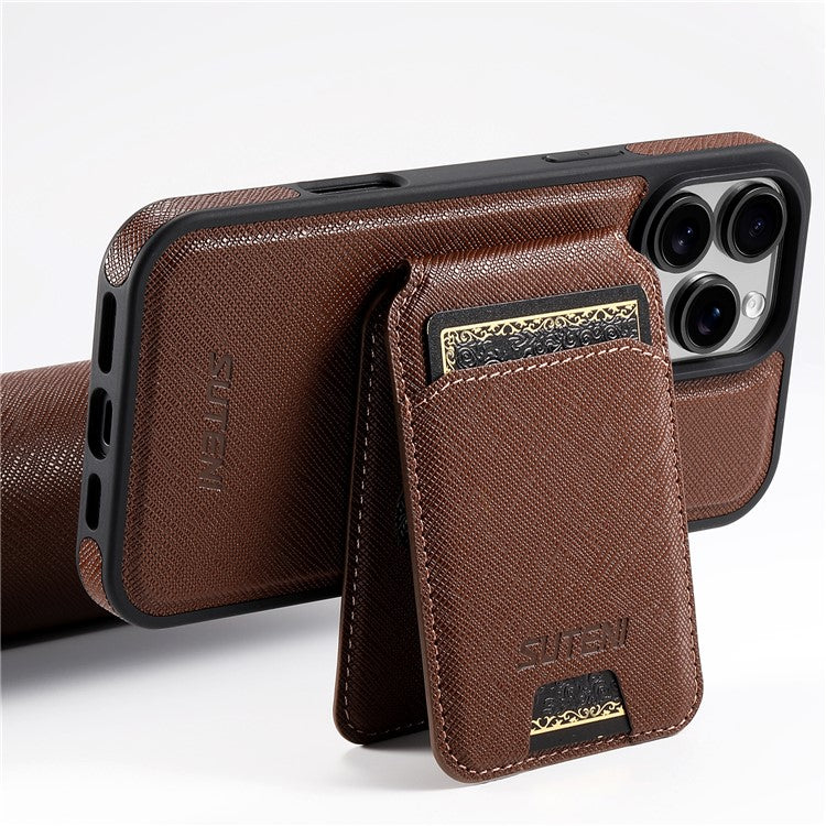 SUTENI M2 For iPhone 16 Pro Magnetic Case Cross Texture Leather Back Cover with Detachable Card Bag - Brown