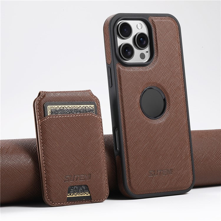SUTENI M2 For iPhone 16 Pro Magnetic Case Cross Texture Leather Back Cover with Detachable Card Bag - Brown