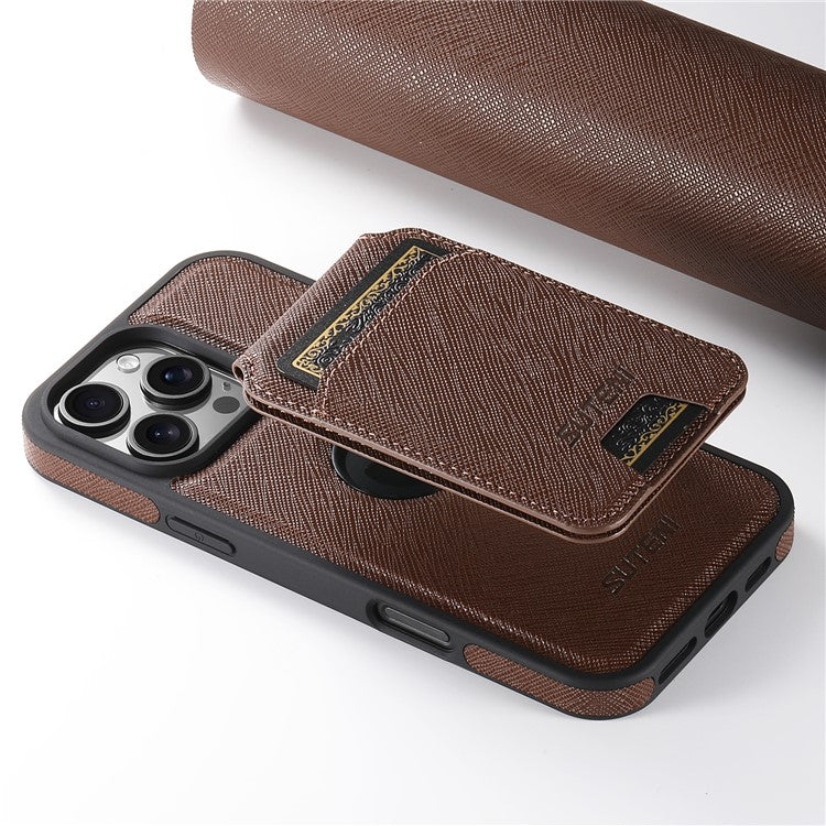 SUTENI M2 For iPhone 16 Pro Magnetic Case Cross Texture Leather Back Cover with Detachable Card Bag - Brown