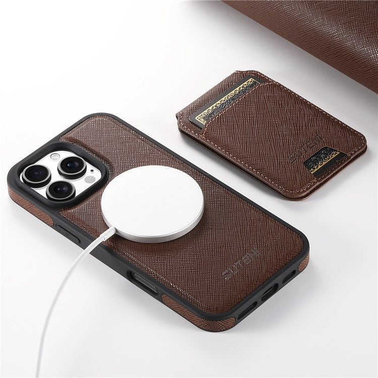 SUTENI M2 For iPhone 16 Pro Magnetic Case Cross Texture Leather Back Cover with Detachable Card Bag - Brown