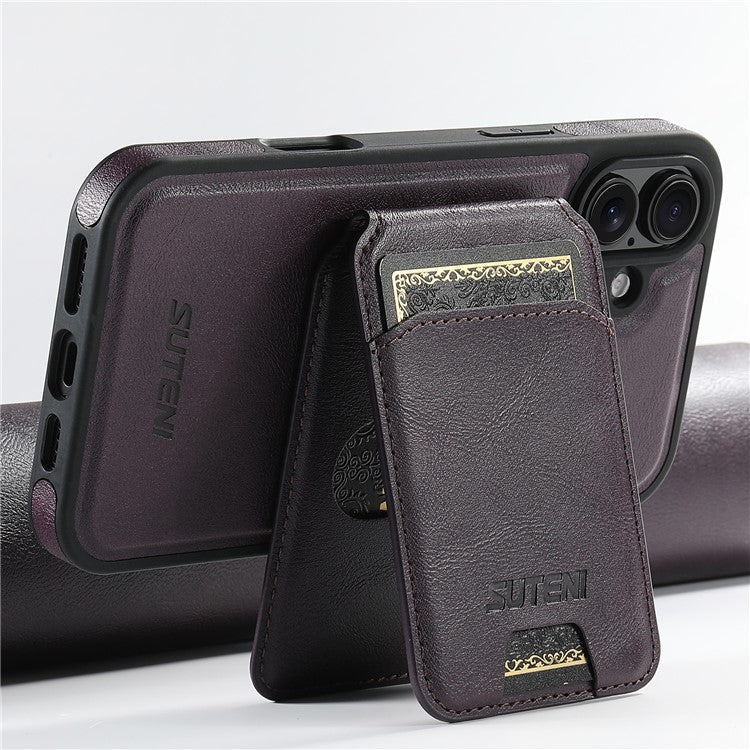 SUTENI M2 For iPhone 16 Magnetic Phone Case Waxy Texture Leather+TPU Cover with Card Bag - Purple