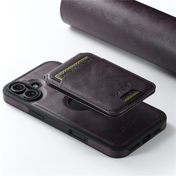 SUTENI M2 For iPhone 16 Magnetic Phone Case Waxy Texture Leather+TPU Cover with Card Bag - Purple