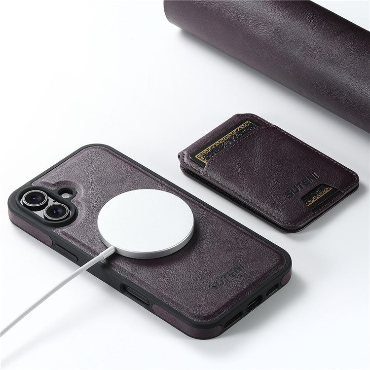 SUTENI M2 For iPhone 16 Magnetic Phone Case Waxy Texture Leather+TPU Cover with Card Bag - Purple