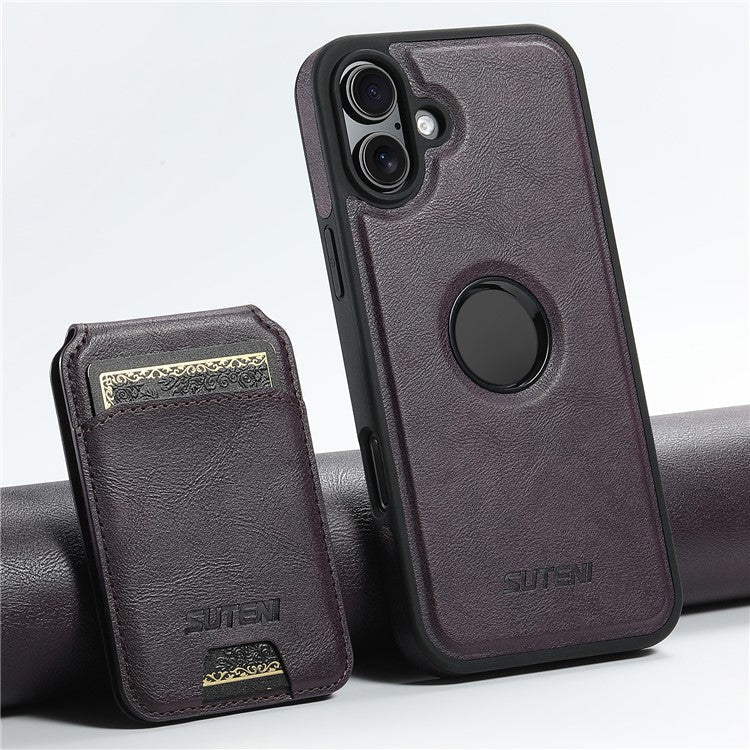 SUTENI M2 For iPhone 16 Magnetic Phone Case Waxy Texture Leather+TPU Cover with Card Bag - Purple