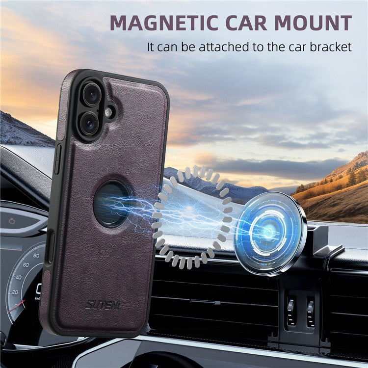 SUTENI M2 For iPhone 16 Magnetic Phone Case Waxy Texture Leather+TPU Cover with Card Bag - Purple