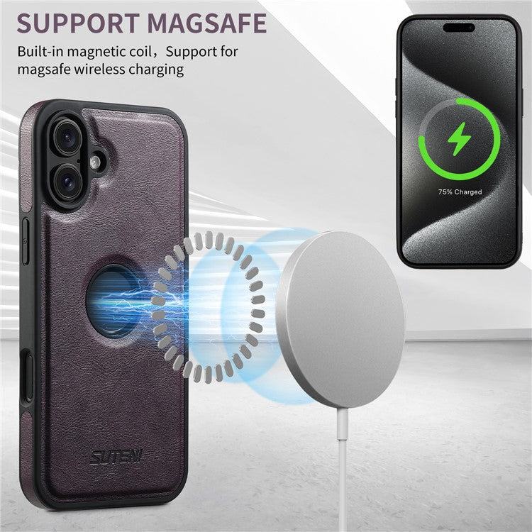 SUTENI M2 For iPhone 16 Magnetic Phone Case Waxy Texture Leather+TPU Cover with Card Bag - Purple