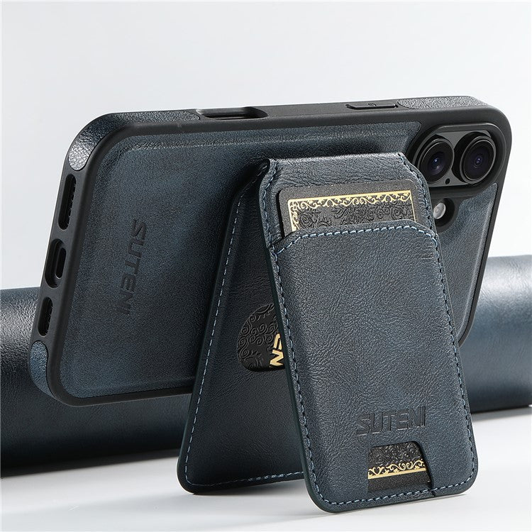 SUTENI M2 For iPhone 16 Magnetic Phone Case Waxy Texture Leather+TPU Cover with Card Bag - Blue