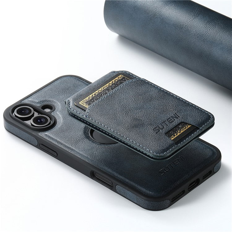 SUTENI M2 For iPhone 16 Magnetic Phone Case Waxy Texture Leather+TPU Cover with Card Bag - Blue