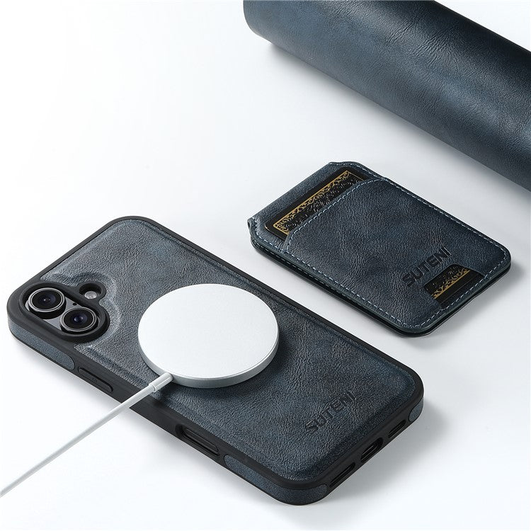 SUTENI M2 For iPhone 16 Magnetic Phone Case Waxy Texture Leather+TPU Cover with Card Bag - Blue