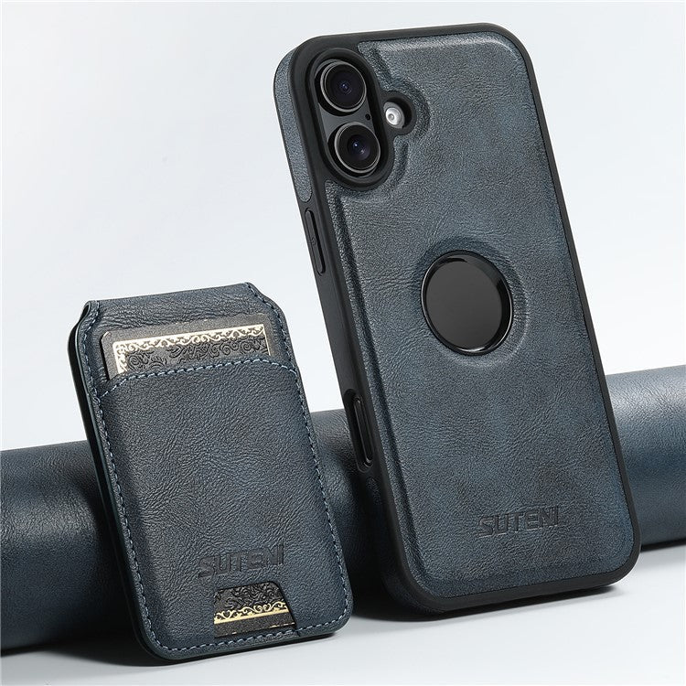 SUTENI M2 For iPhone 16 Magnetic Phone Case Waxy Texture Leather+TPU Cover with Card Bag - Blue
