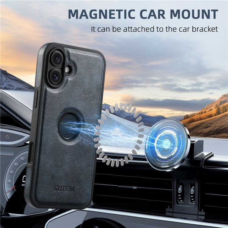 SUTENI M2 For iPhone 16 Magnetic Phone Case Waxy Texture Leather+TPU Cover with Card Bag - Blue