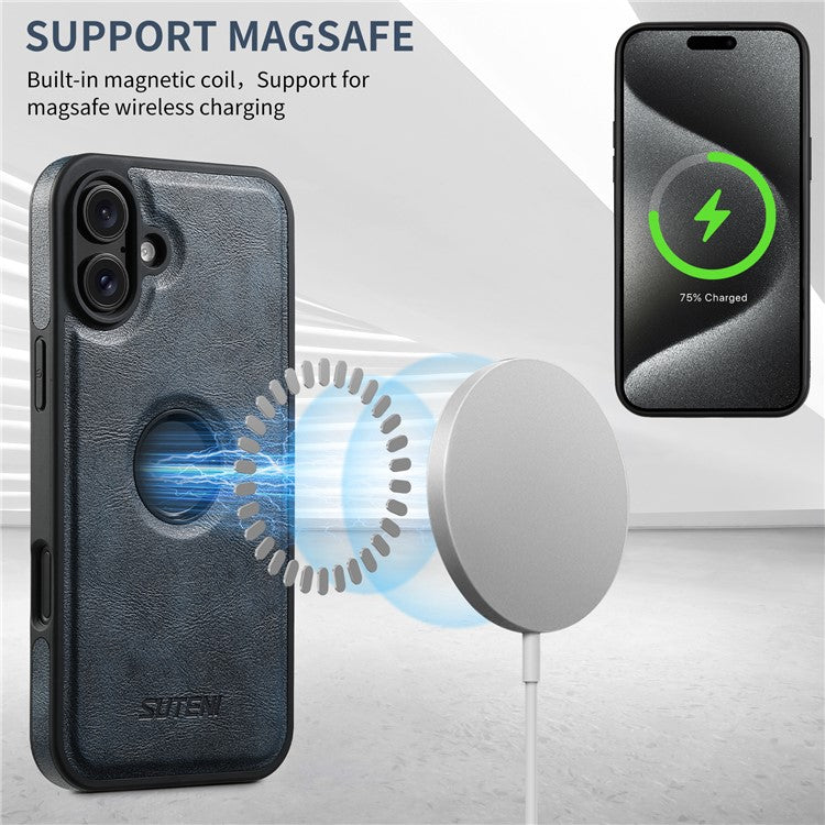 SUTENI M2 For iPhone 16 Magnetic Phone Case Waxy Texture Leather+TPU Cover with Card Bag - Blue