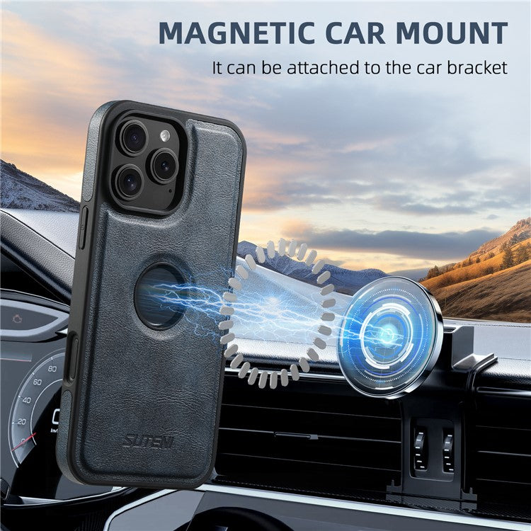 SUTENI G1 For iPhone 16 Pro Magnetic Case Waxy Texture Leather Coated TPU Phone Cover - Blue
