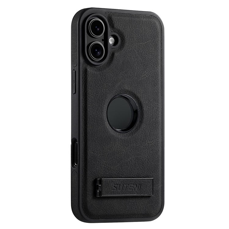 SUTENI G2 For iPhone 16 Magnetic Case Kickstand Litchi Texture Leather+TPU Cover - Black