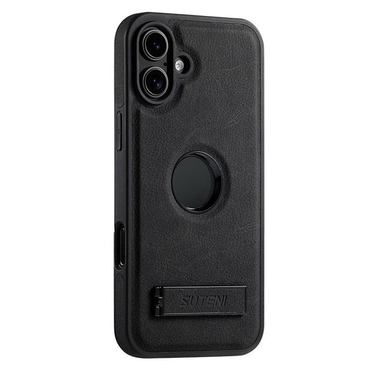 SUTENI G2 For iPhone 16 Magnetic Case Kickstand Litchi Texture Leather+TPU Cover - Black