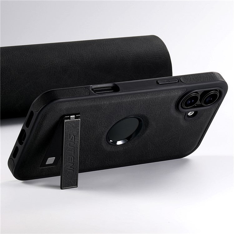 SUTENI G2 For iPhone 16 Magnetic Case Kickstand Litchi Texture Leather+TPU Cover - Black