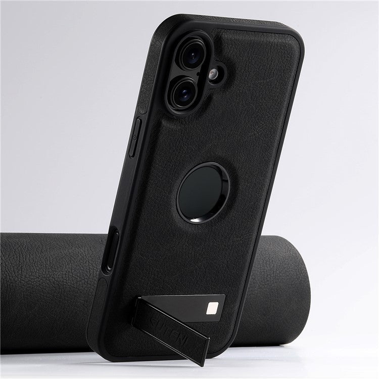 SUTENI G2 For iPhone 16 Magnetic Case Kickstand Litchi Texture Leather+TPU Cover - Black