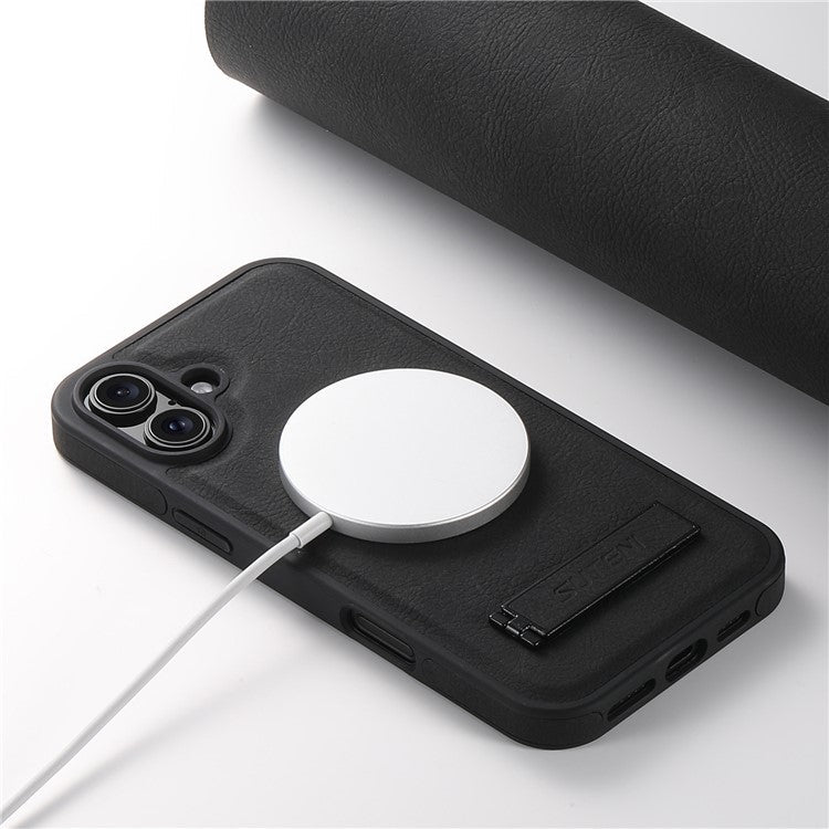 SUTENI G2 For iPhone 16 Magnetic Case Kickstand Litchi Texture Leather+TPU Cover - Black