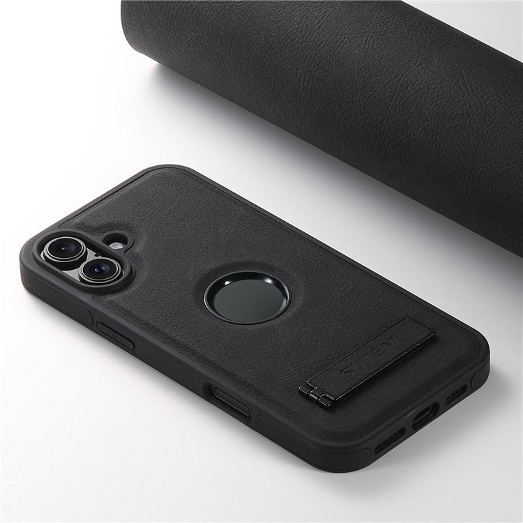 SUTENI G2 For iPhone 16 Magnetic Case Kickstand Litchi Texture Leather+TPU Cover - Black