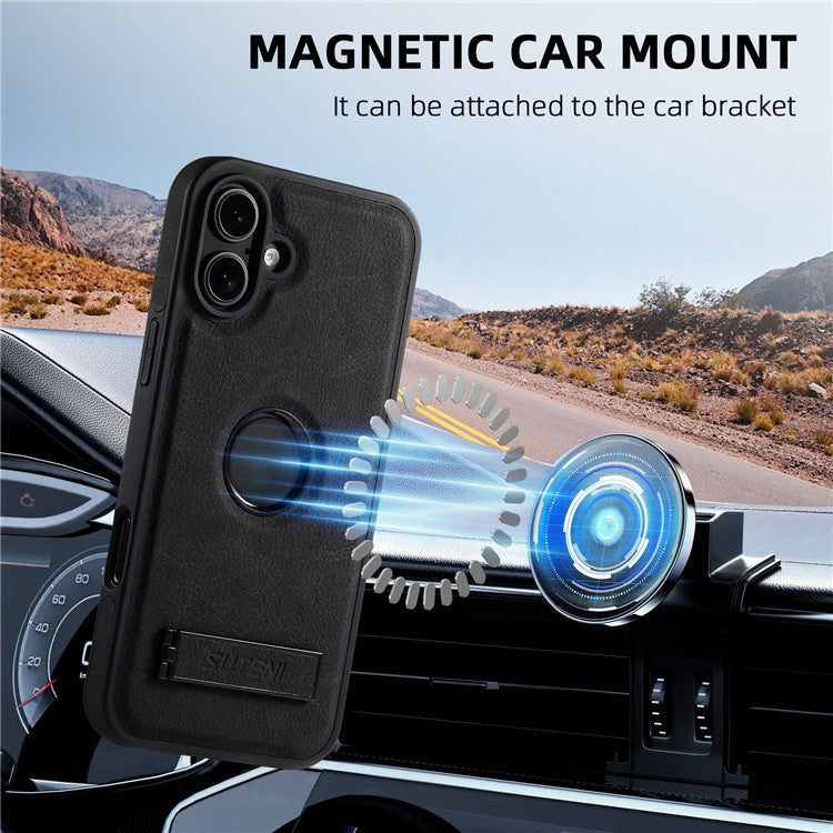 SUTENI G2 For iPhone 16 Magnetic Case Kickstand Litchi Texture Leather+TPU Cover - Black