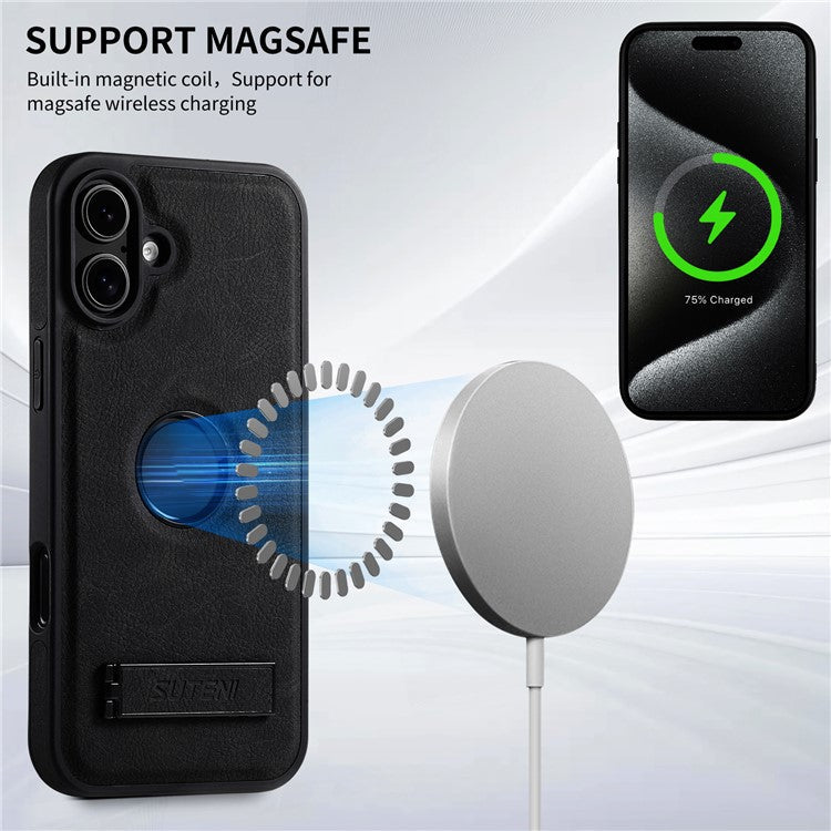 SUTENI G2 For iPhone 16 Magnetic Case Kickstand Litchi Texture Leather+TPU Cover - Black
