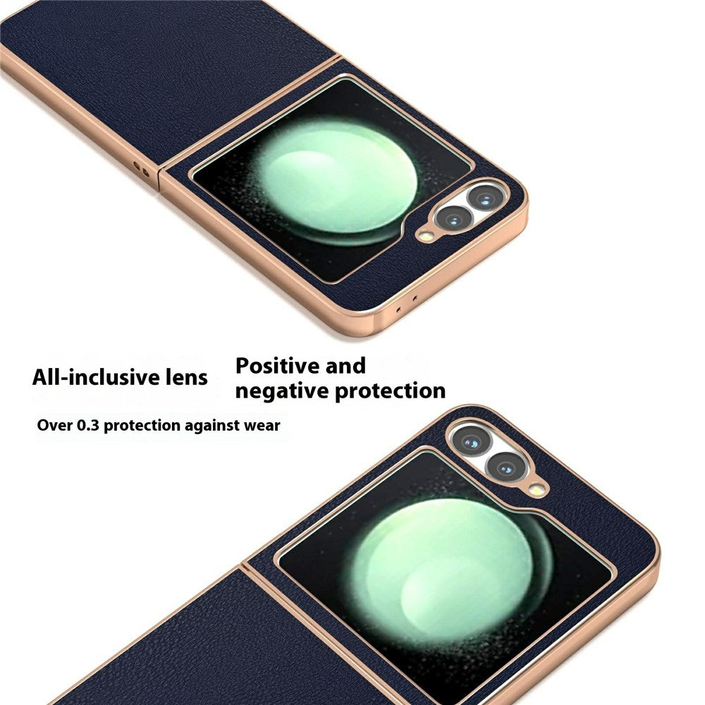 For Samsung Galaxy Z Flip7 FE 5G / Z Flip6 5G Case Electroplating Edge PU Leather Coated PC Phone Cover - Blue