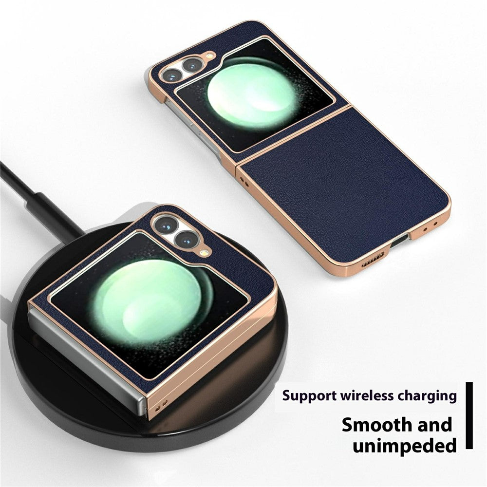 For Samsung Galaxy Z Flip7 FE 5G / Z Flip6 5G Case Electroplating Edge PU Leather Coated PC Phone Cover - Blue