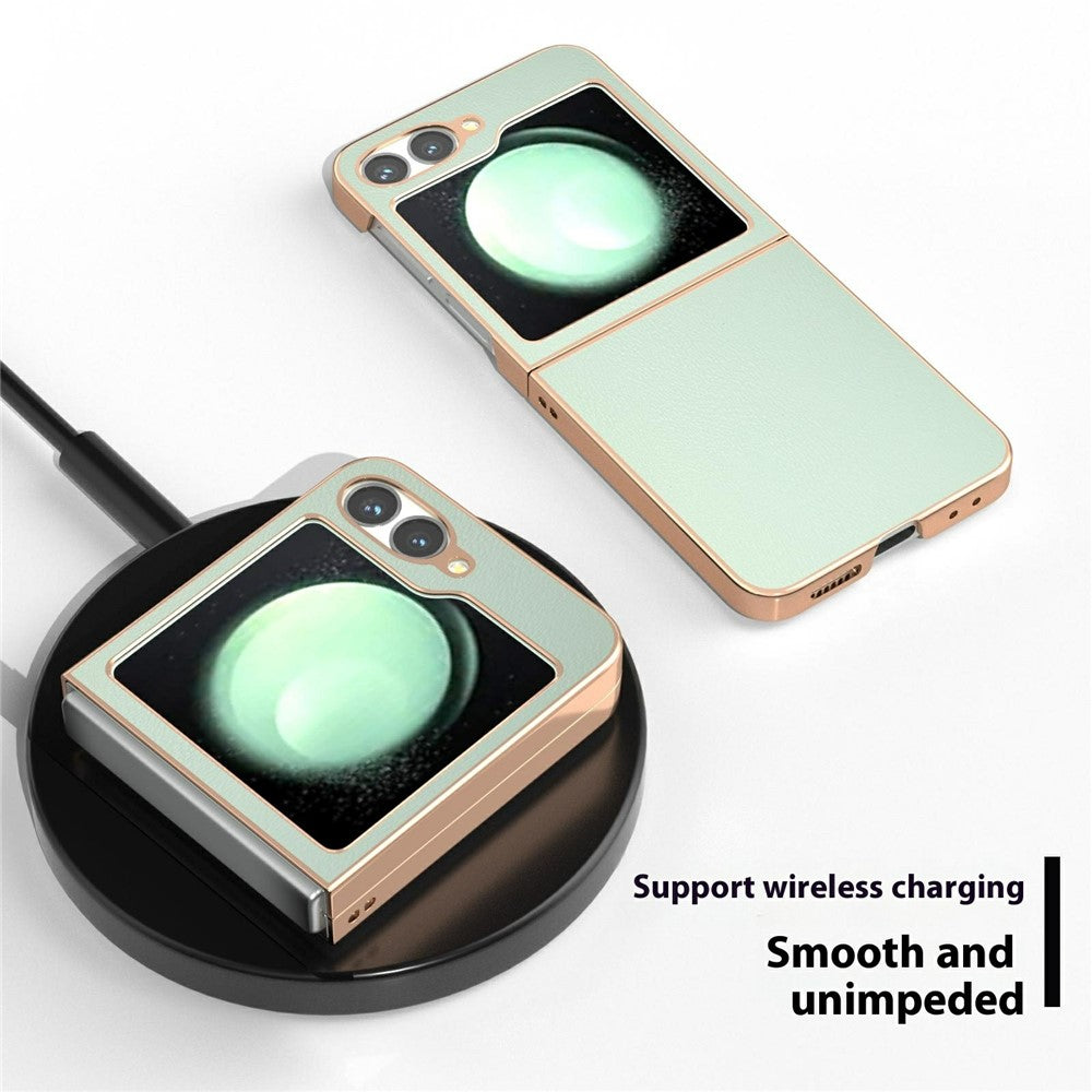 For Samsung Galaxy Z Flip7 FE 5G / Z Flip6 5G Case Electroplating Edge PU Leather Coated PC Phone Cover - Light Green