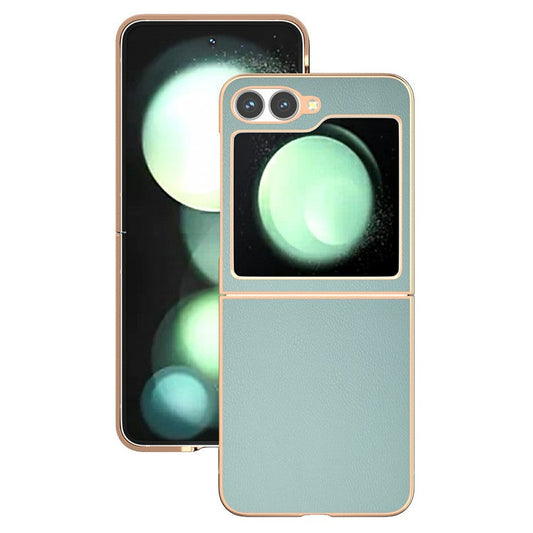 For Samsung Galaxy Z Flip6 5G Case Electroplating Edge PU Leather Coated PC Phone Cover - Baby Blue
