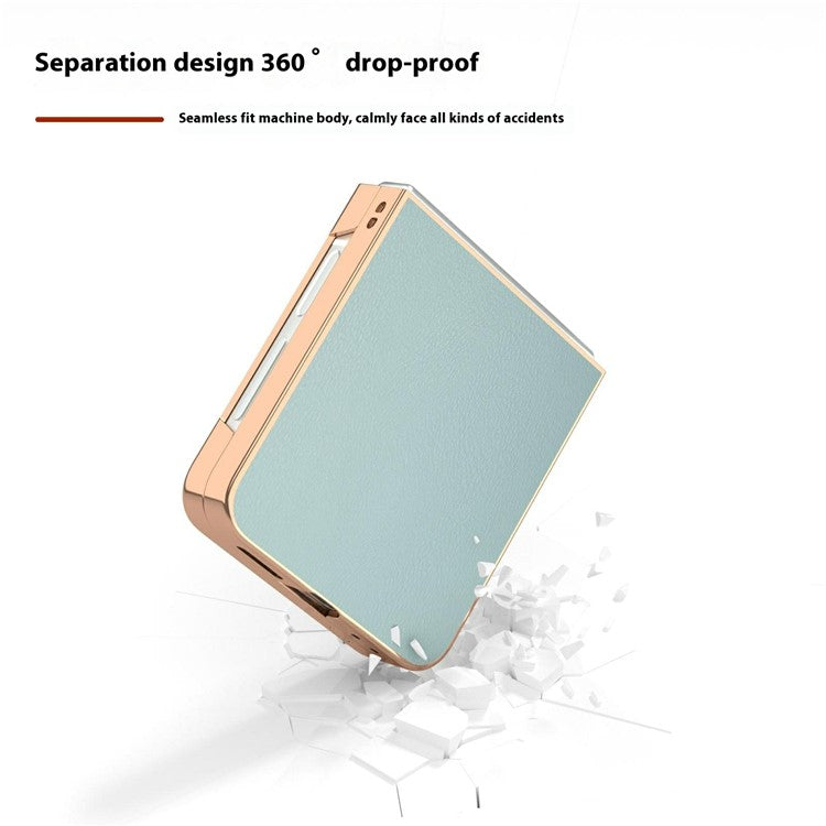 For Samsung Galaxy Z Flip6 5G Case Electroplating Edge PU Leather Coated PC Phone Cover - Baby Blue